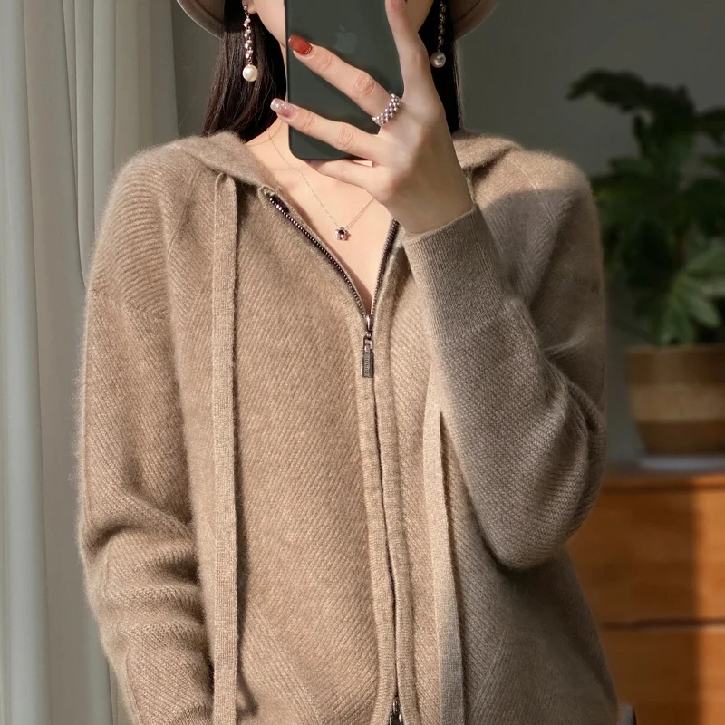 秋と冬のクラシック女性のニットウールパーカー長袖ジッパーセーター通気性ソフトルーズ高品質トップ