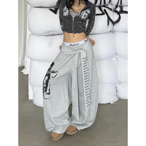 Imagen 2 del producto ZHIZOU, pantalones holgados góticos grises Y2k con estampado de letras para mujer, pantalones de chándal Vintage de gran tamaño Harajuku de los años 2000, pantalones de pierna ancha, otoño 2025