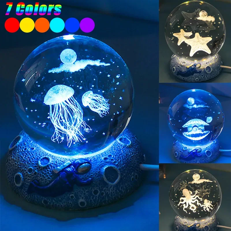 Crystal Ball Night Lights Glowing Sea Jellyfish Astronaut Table Lamp USB Atmosphere Lamp Table Decorations Kid Gifts Night Lamp