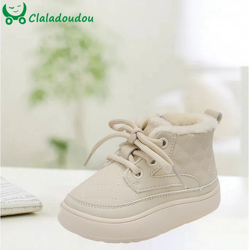 Brand Kids Winter Ankle Boots For Girls Boys Solid Sewing Fashion Snow Boots For Toddler Lace-up Winter Casual Shoe With Velvet