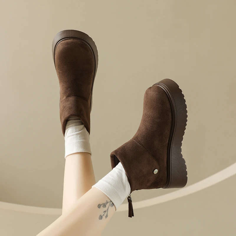 المرأة أحذية الموضة الجديدة جولة تو الشتاء المخملية باطن سميكة زيادة الدافئة كم أحذية بوت قصيرة اليومية تنوعا منتصف العجل الأحذية #4