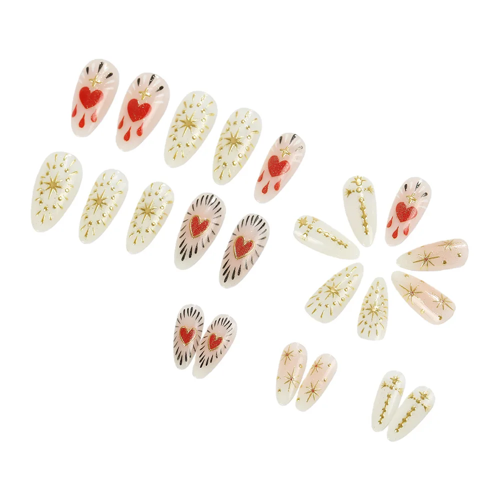 Unhas falsas 3d para o dia dos namorados, vermelho, preto, coração, dourado, prateado, dourado, moldura dourada, estrela, cobertura completa, pontas de amêndoa, imprensa em unhas falsas
