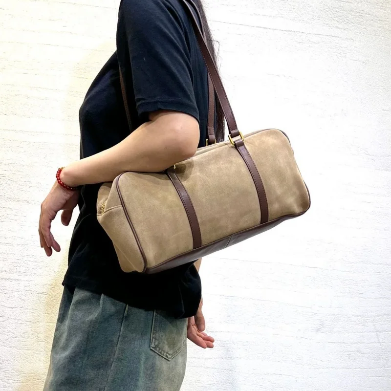 Reverse Suede Cowhide Boston Handbags For Women Solid Color Leather Tote Bag Casual Durable Ladies Shoulder Bag Designer Purses