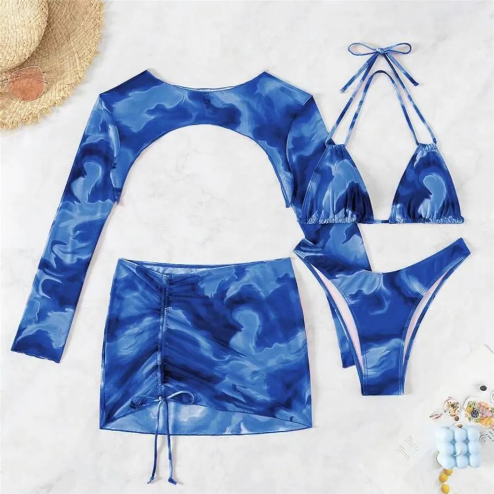 Red Tie Dye Print Bademode Neckholder String Dreieck 4-teiliges Bikini-Set Langarm Smock Cover Up Sexy Badeanzug Damen 2025 Bikinis