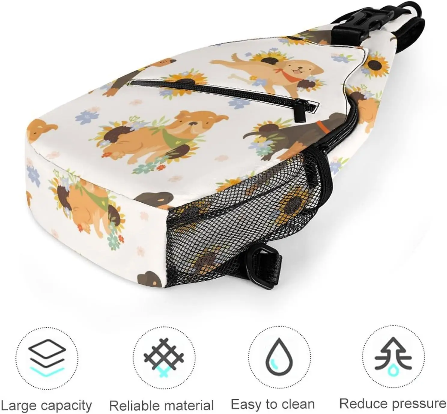 Dogs Pattern Sunflowers Sling Bag Crossbody Shoulder Chest Bags Print Backpack Travel Daypack for Women Men Unisex Casual