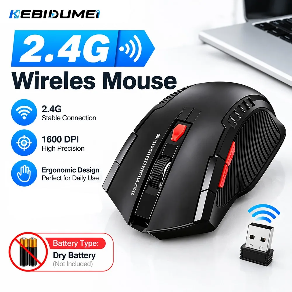 KEBIDUMEI 2.4G Wireless Mouse 6 Buttons Gaming Mouse 3 Levels 1600DPI Adjustable Ergonomic Optical Mice For PC Laptop Macbook