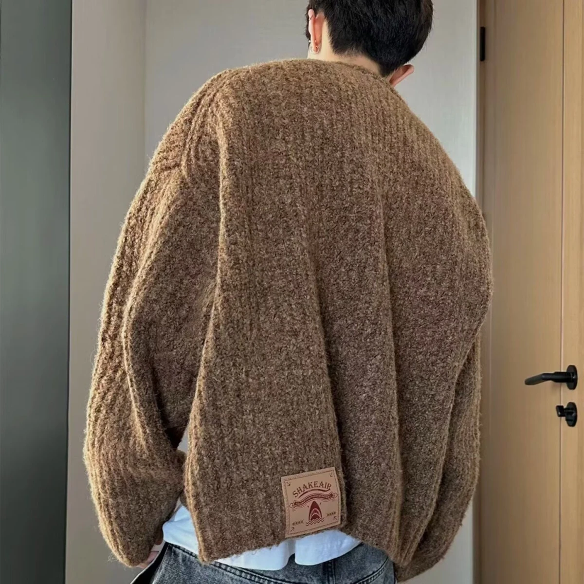 

Осень-зима, вязаный кардиган с v-образным вырезом, мужской цветной повседневный свободный крой, длинный свитер из мягкого полиэстера, пальто