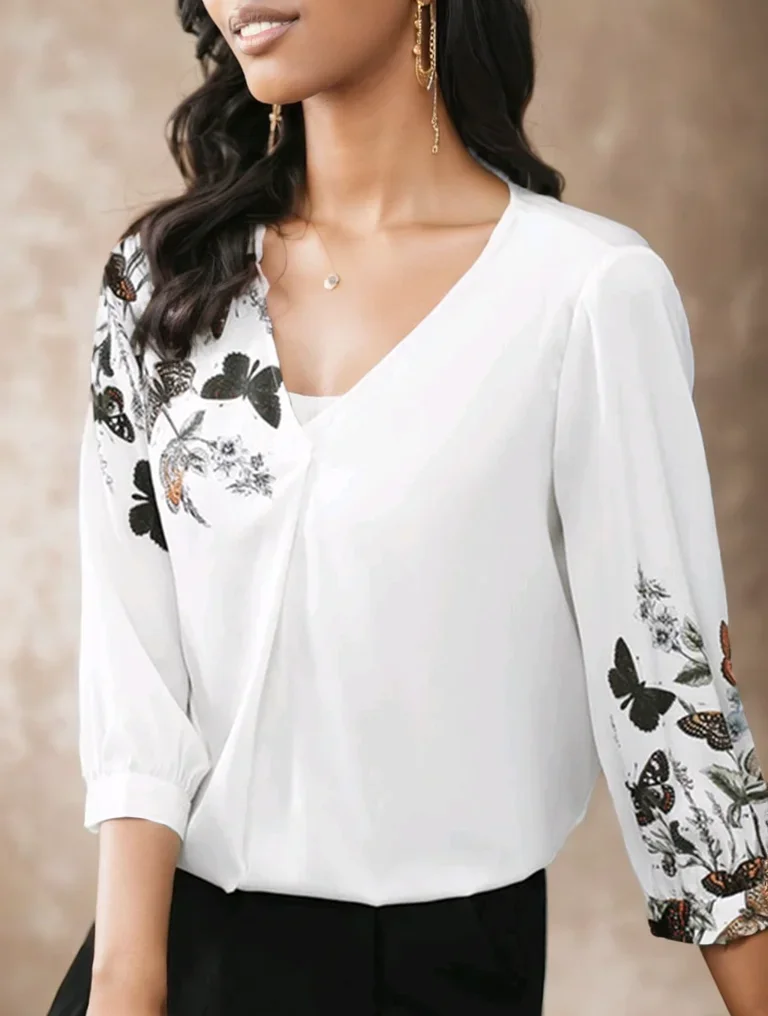 ZANZEA Women 3/4 Sleeve Blouse Elegant Bohemian Printing Tunic 2024 Summer Retro V Neck Tops Casual Loose White Chiffon Shirt