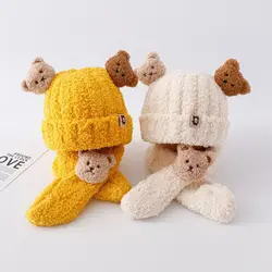 2Pcs Cartoon Bear Baby Winter Hat Scarf Set Children Warm Scarves Plush Knit Cap Thick Ear Protection Infant Beanie for Girl Boy