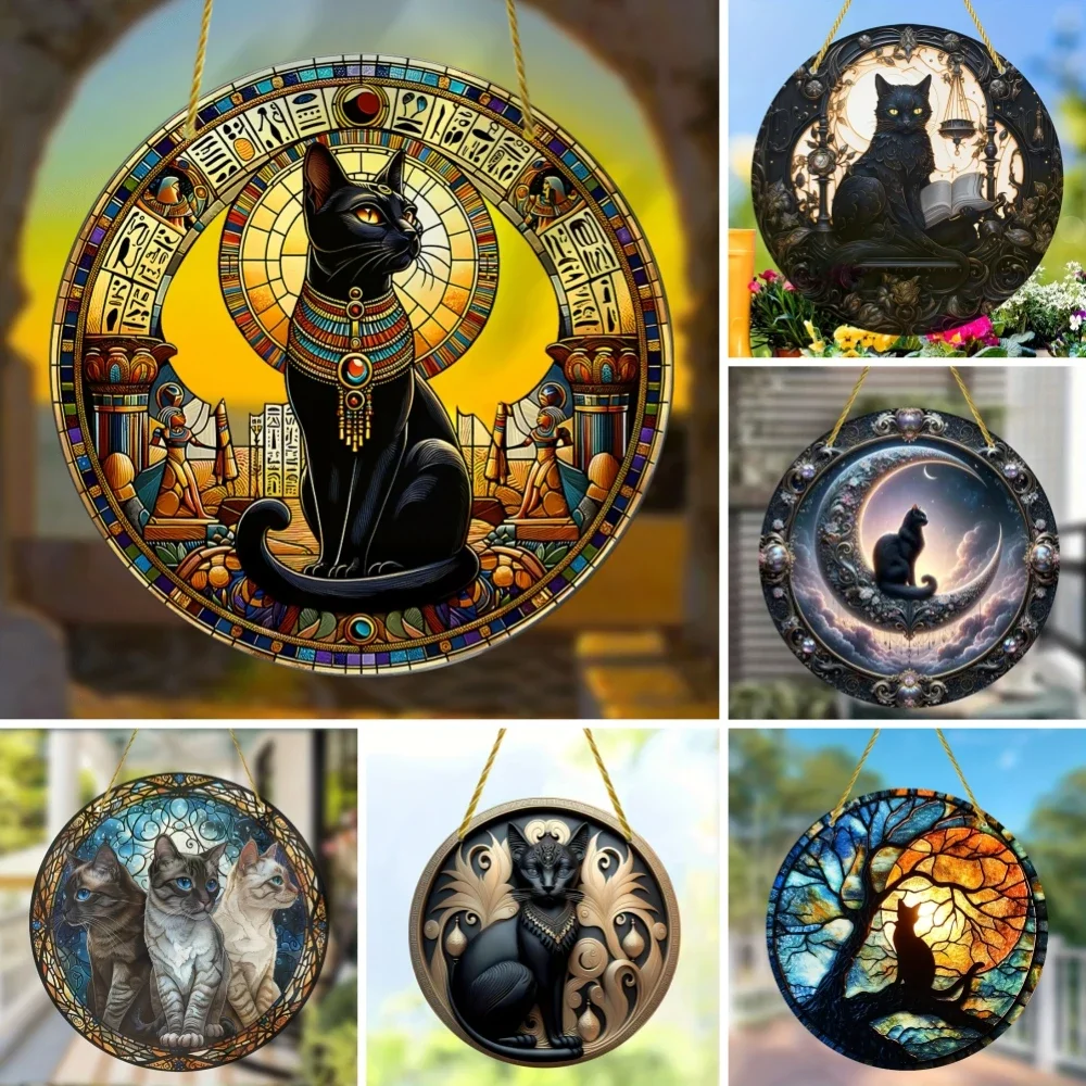 Black Cat Before Sunset Suncatcher, Art Stained Window Hanging, Sun Catcher, Sunshade,Cat Lover Gift, Acrylic Round Garland Sign