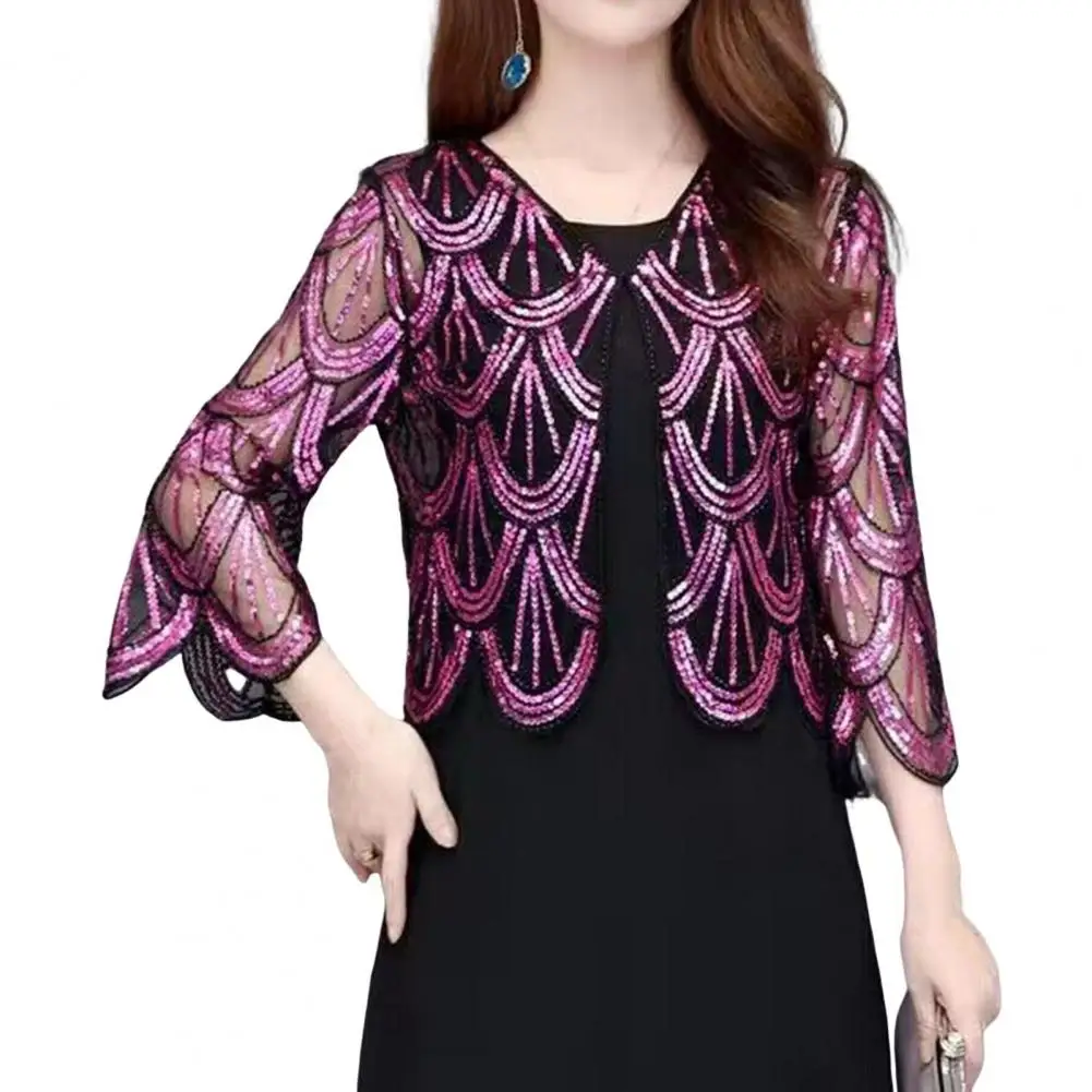 Summer Cardigan Top Elegant Sequin Mesh Women's Cardigan for Prom Formal Occasions Stylish V Neck Summer Outerwear Coat