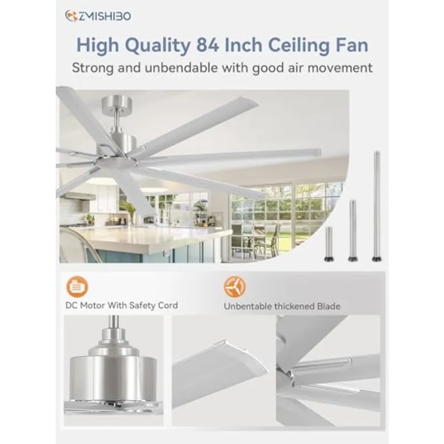 84 Inch Industrial DC Motor Ceiling Fan for Porch/Garage/Shop, Nickel Finish, Reversible Blades, 6-Speed Remote, 3 Downrods, Hi