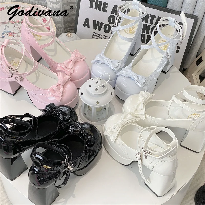 Original Design Lolita Low-Cut Women's High Heels Round Head Chunky Heel Ladies Sweet Bow Pump Shoes