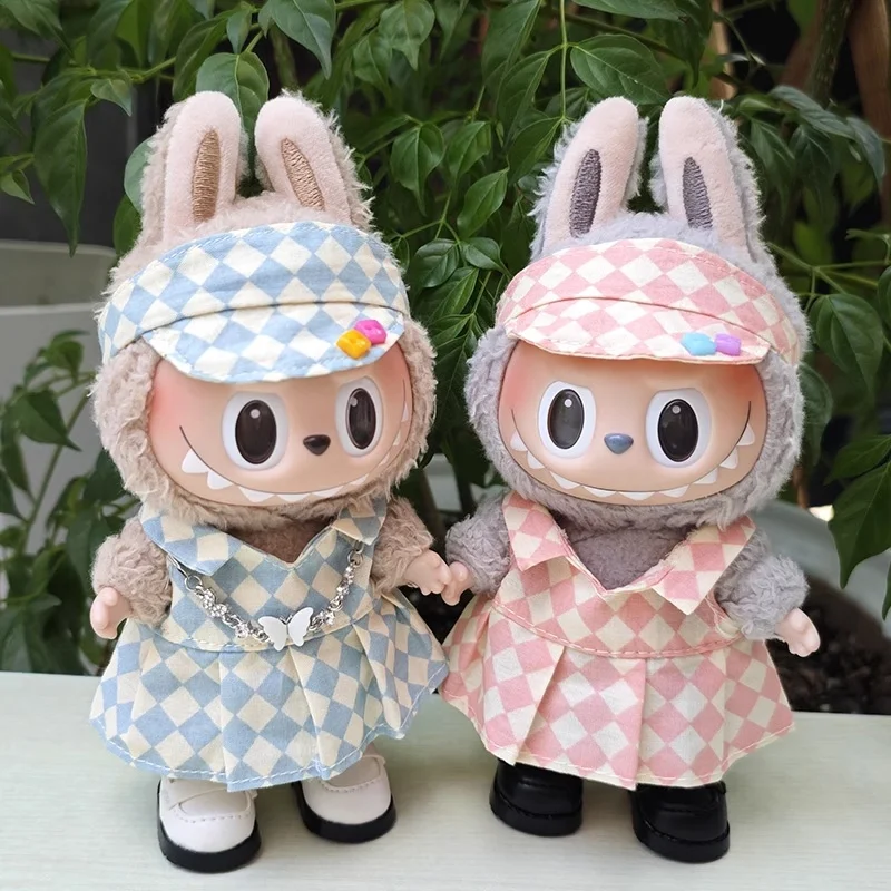 

17cm Plush Doll Hanging Ornament For Labubu Doll Clothing Chessboard Tennis Skirt Toy Dolls Changeable Outfit Soft Stuffed Toy