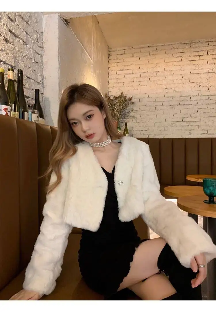 Chic V Neck Cropped Faux Rabbit Fur Jacket Women Elegant Single Button Plush Coats Woman Autumn Winter Fluffy Fleece Outerwear