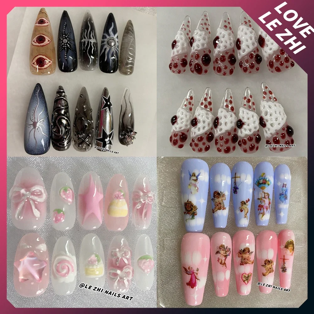 

Y2K Spice Girl в стиле панк, длинные квадратные миндалевидные наклейки для ногтей ручной работы, волшебное зеркало, розовый жемчуг, стразы, носимые пресс на ногтях