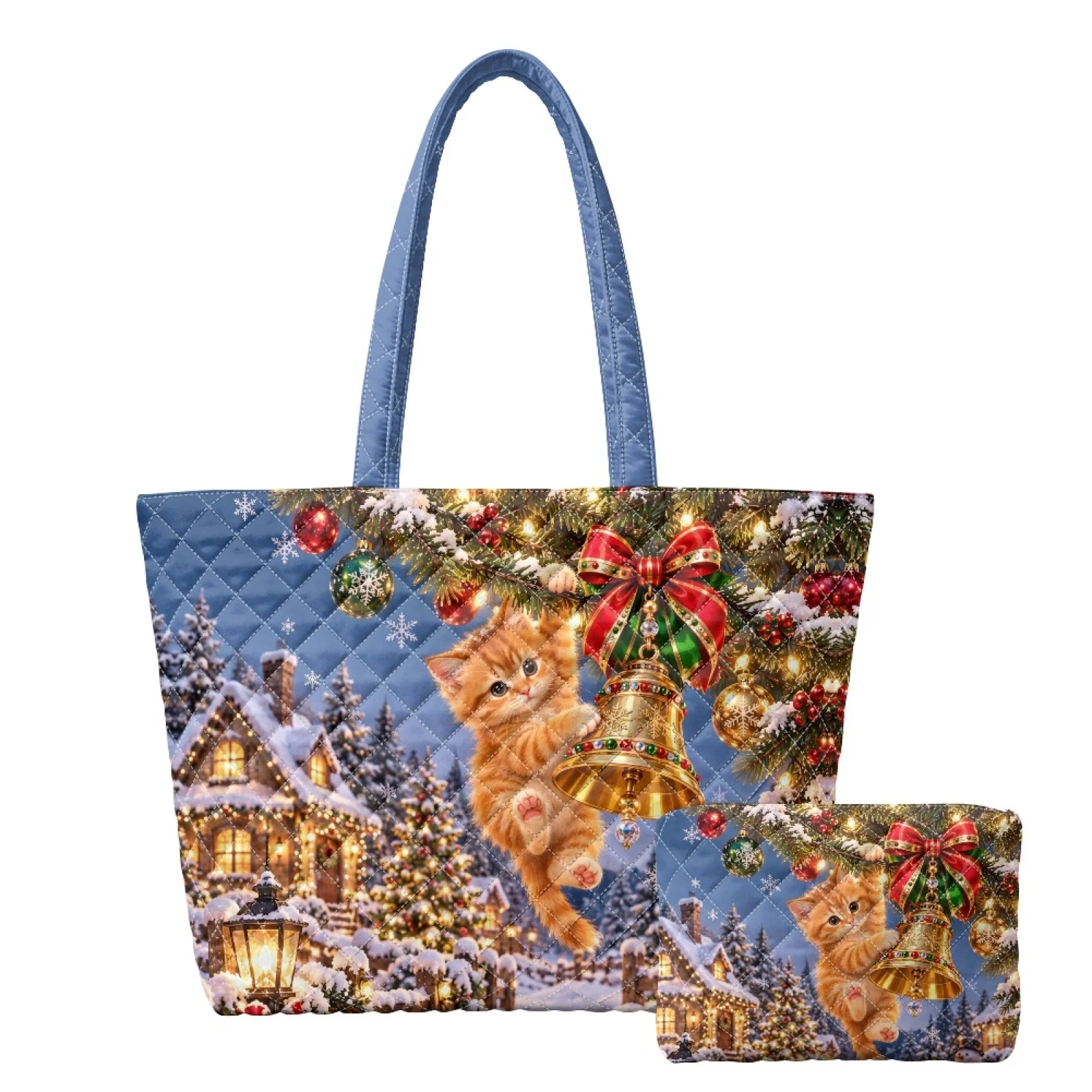 Coloranimal Christmas Quilted Tote Handbag Featuring Ginger Cat Pattern, 2 Piece 2026 New Set Portable Waterproof Bags for Women