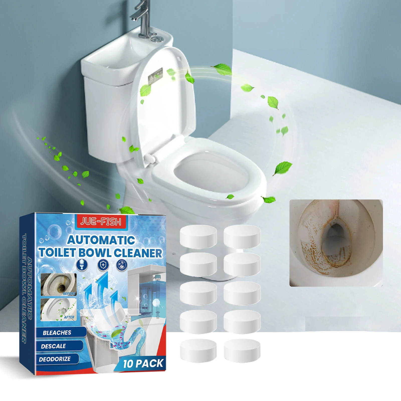 

Jue-Fish Toilet Bowl Cleaner Tablet Powerful Removing Yellow Urine Dirt Stain Deodorizing Cleaning Automatic Toilet Effervescent