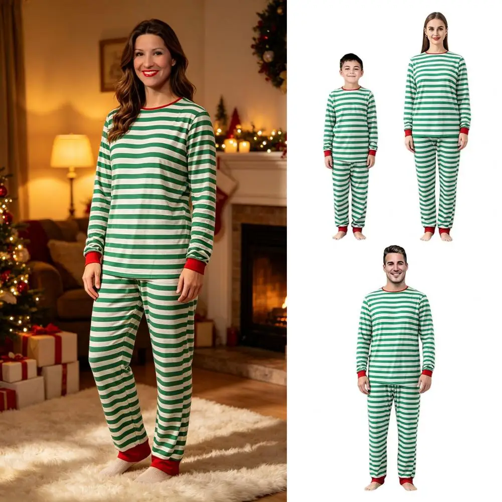 Matching Family Pajamas Set, Green White Striped Christmas 2 Piece Sleepwear Pajamas Set, Holiday Long Sleeve Lounge Outfits