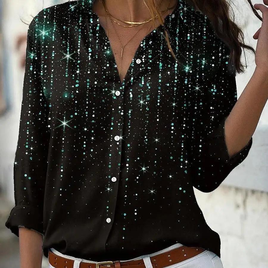 

Women's Long Sve Sequin Print irt Polyester Fabric Flip Collar Open Cardigan Sle Autumn Faion Casual Women's Top