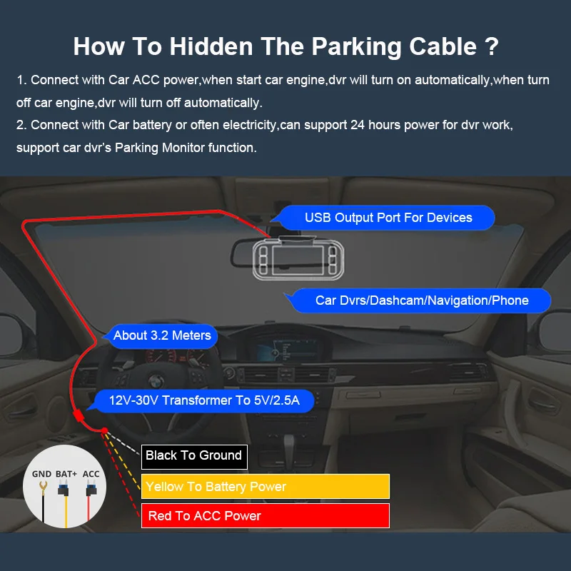 E-ACE 3.5 Meters Buck Line for Dash Camera Kit Reaview Mirror Rear Camera Adapter Mini USB Car Charger Hard Wire Hardwire image 5