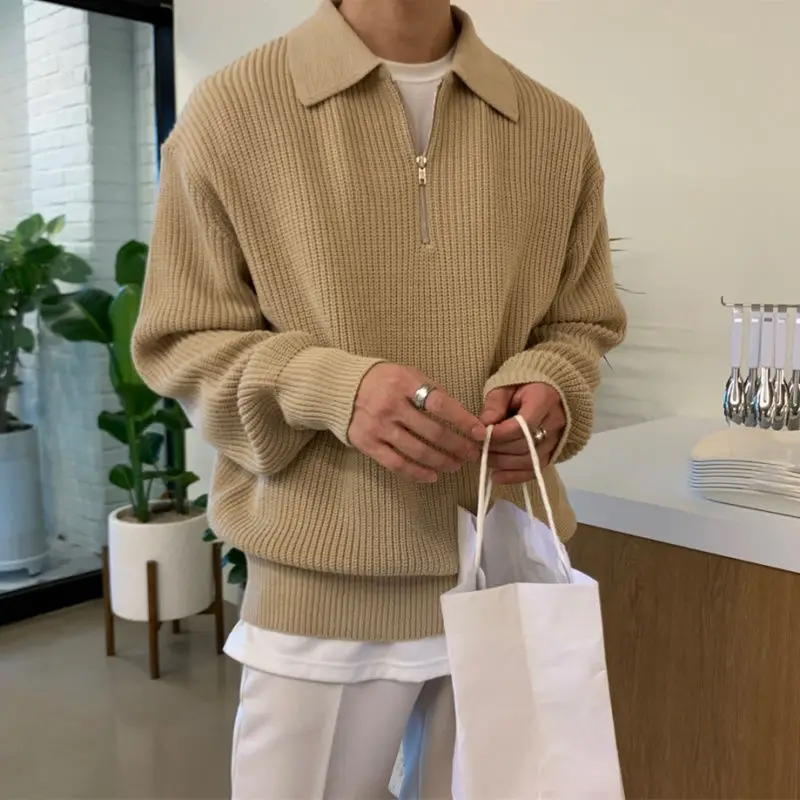 Polo Men's Knit Sweater Casual Woven Top Loose Fit Jumpers Korean Fashion Knitwear Streetwear Cheap Pullovers Male with Zipper