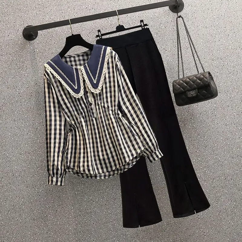 2023 Sweet Peter Pan Collar Plaid Blouse Spring Autumn Long Sleeve Female Clothing Spliced Commute Stylish Button Shirring Shirt