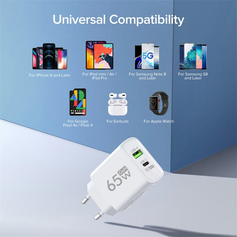 65W GaN USB Charger PD Type C Fast Charging Phone Power Adapters Quick Charge 3.0 Wall Charger For iPhone Xiaomi Samsung Huawei