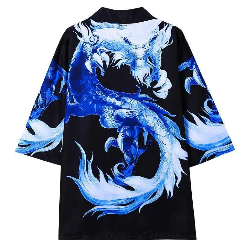 2025 الربيع/الصيف الشباب المطبوعة Ukiyo-e التنين النمط الصيني فضفاض عادية Daoist رداء كيمونو #3