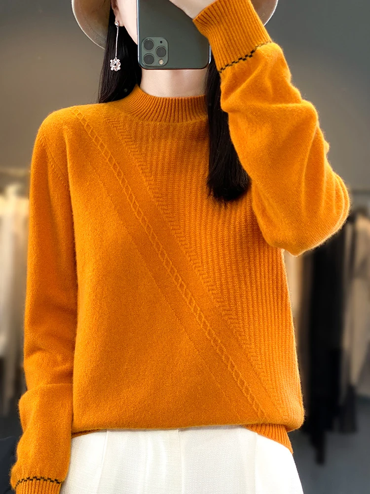 100% Merino sweter wol wanita kualitas tinggi pullover kerah tiruan lengan panjang wol lembut pakaian wanita hangat musim gugur musim dingin