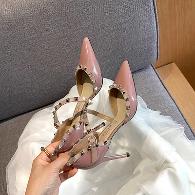 Heeled Sandals Summer 2024 New Women\'s Shoes Luxury Rivet Patent Leather Pointed Toe Comfortable Elegant Casual Ladies Shoe