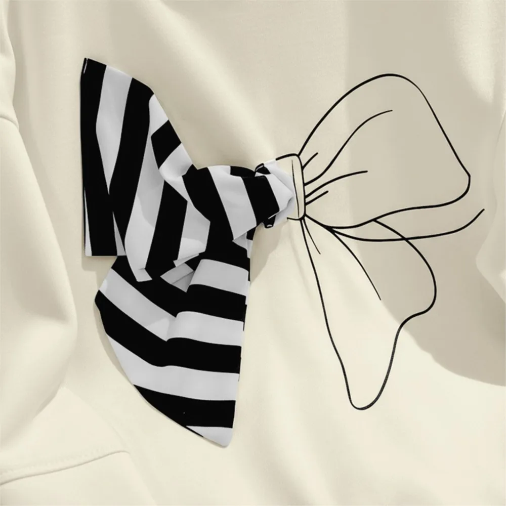 甘いラウンドネックストライプ立体リボン装飾スウェットシャツ女性用オールマッチ通勤シンプルスタイルカジュアルルーズ