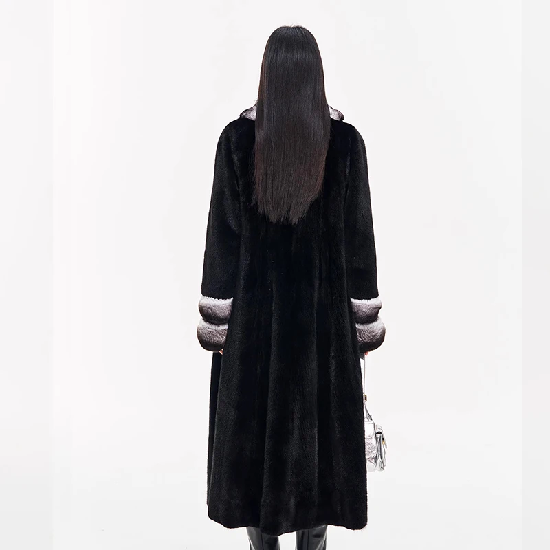 Ftangaiur Winter Mink Fur Coat Women Chinchilla Turn-Down Collar Natural Color Full Sleeve X-Long Fur Coats