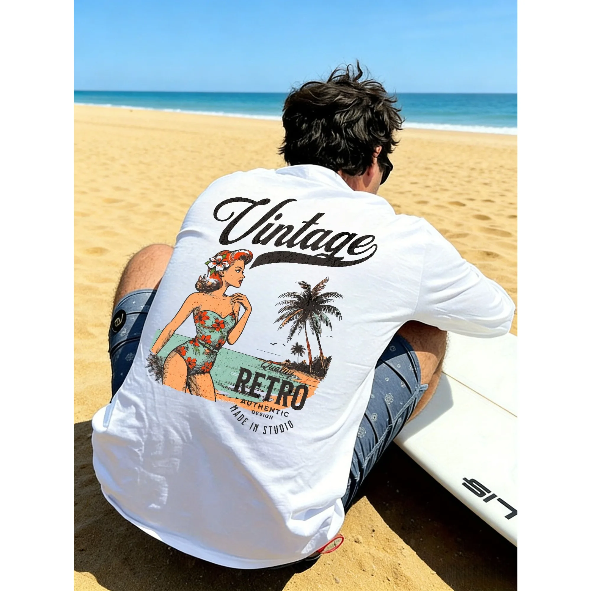 Retro Pin-Up Girl Palm Tree Beach Graphic T-Shirt Men Women Casual Streetwear Short Sleeve Cotton Summer Surf Style Tee Tops