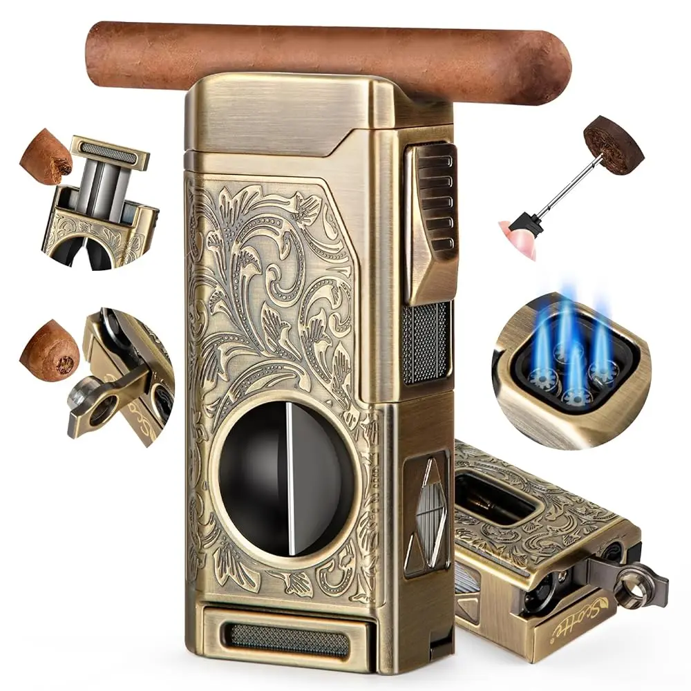 

Ailexpress Recommendation - Cigar Lighter, 4 Jet Flame Torch Lighter, Refillable Butane Lighter with Cigar Cutter V Cut Cigar Pu