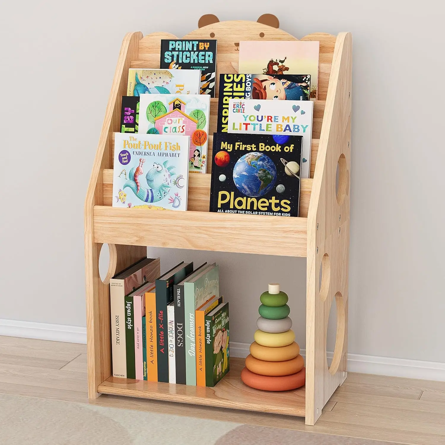 5 Tier Bookshelf with Toy Storage, Large Toddler Bookshelf with Chalkboard, Baby Bookcase