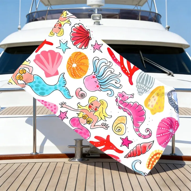 Mermaid Sea Creature Beach Towel Oversized Quick Dry Sand Free Seashell Print