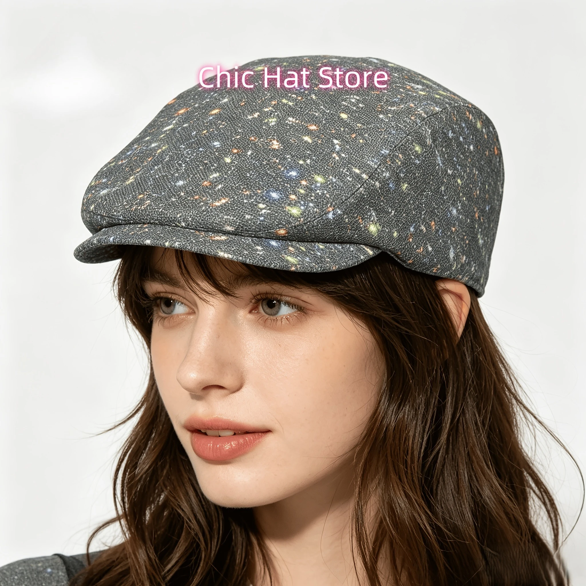 1pc Galactic Shimmer All-Over Print Flat-Top Hats for Men And Women, Newsboy Caps, Berets, Irish Hats, Driver Caps, Retro Hats,