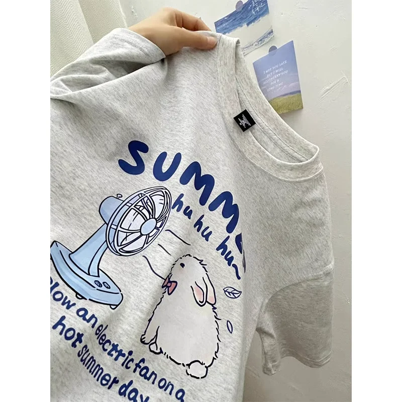 

Japanese retro pure cotton high-end niche design fun printed rabbit summer loose and slim short-sleeved T-shirt couple tops y2k