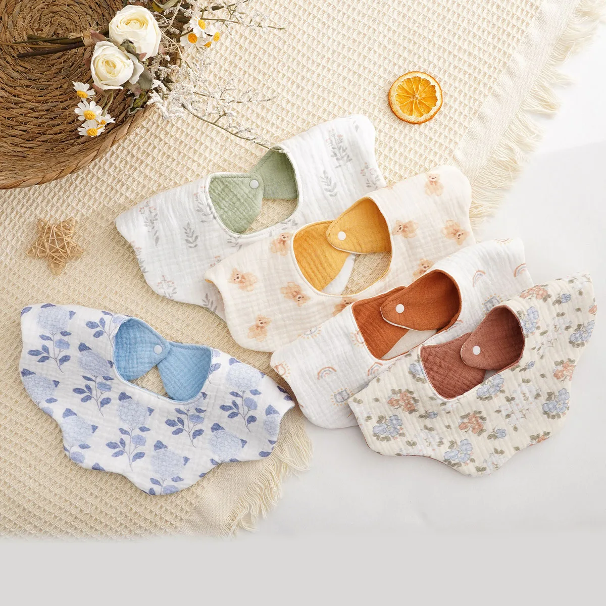 Happyflute 5 Pcs/Set Newborn Baby Bibs Infant Burp Cloths Absorbent Bandana Drool Bib for Teething and Drooling 100% Cotton Bib