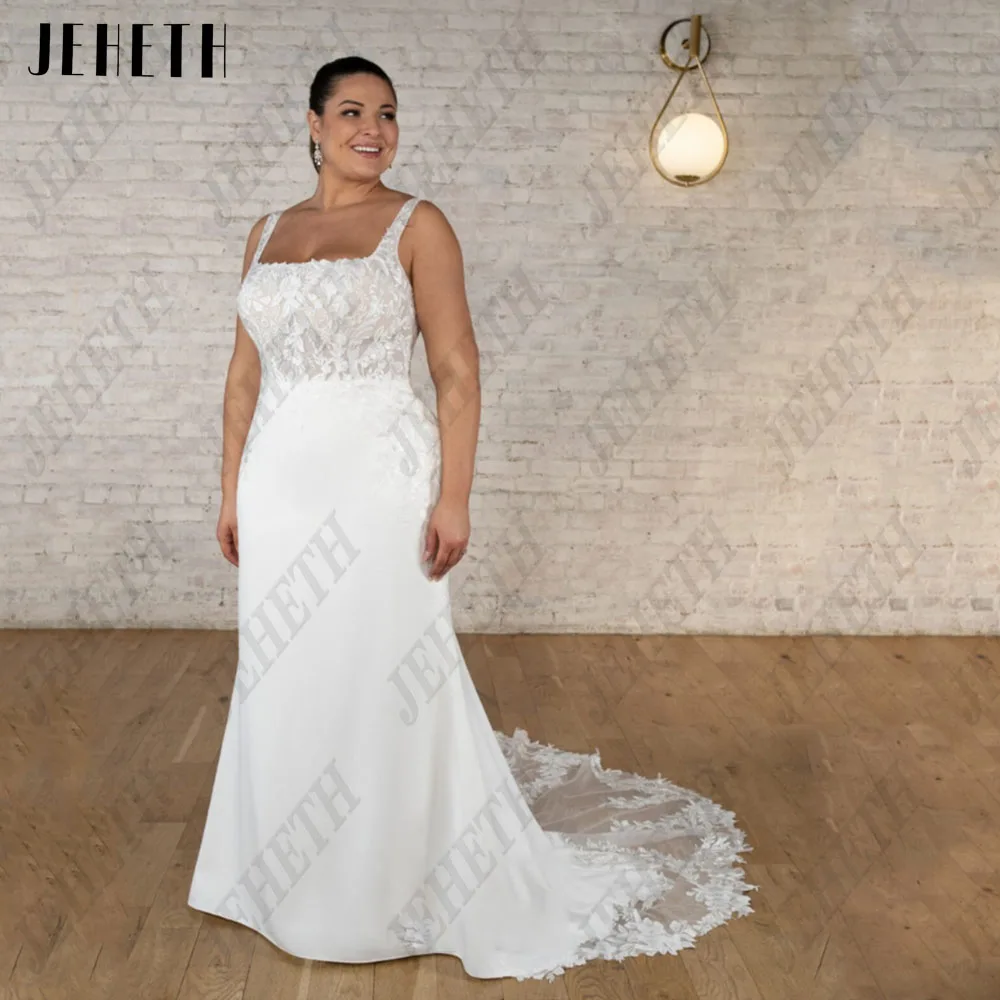 JEHETH Exquisite Wedding Dress Sleeveless Square Collar Sexy Backless Bride Gowns Lace Applique Soft Satin Vestidos de novia