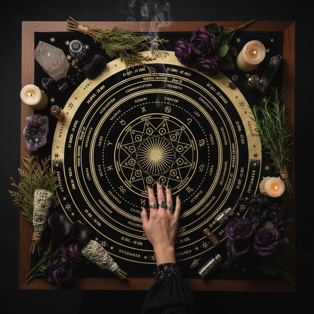 Mystic Zodiac Tarot Table Cloth with Astrology Wheel Design Golden Celestial Sun and Moon Pattern for Divination Card Reading