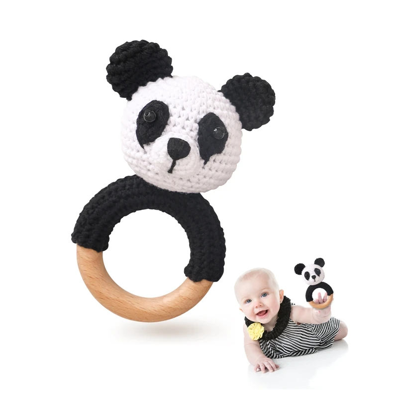 

Newborn Baby Rattle Cartoon Animal Crochet Panda Rattle Sensory Toy Grab Ability Training Toy Baby Wooden Teether Children Gift