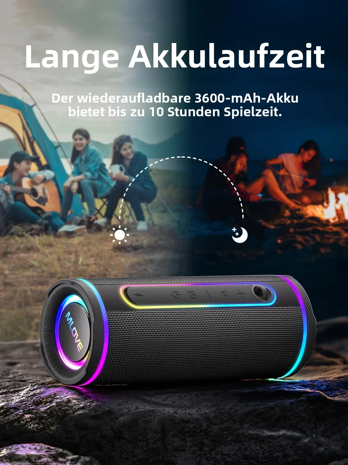 MLOVE E80 Tragbarer Bluetooth-Lautsprecher – Leistungsstarker Dual-Sound, Farbenfrohe RGB-Beleuchtung, Vollständig wasserdicht (IPX7), TWS-fähig – Bild 3
