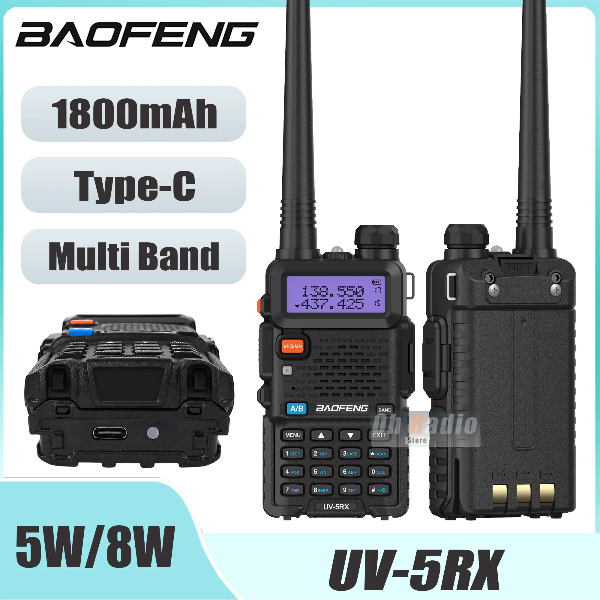 baofeng-uv-5rx-5w-8w-ポータブル無線機。type-c充電、am-fmマルチバンド、ワンキーで周波数コピー、dtmf機能搭載。uv-5rの改良版。