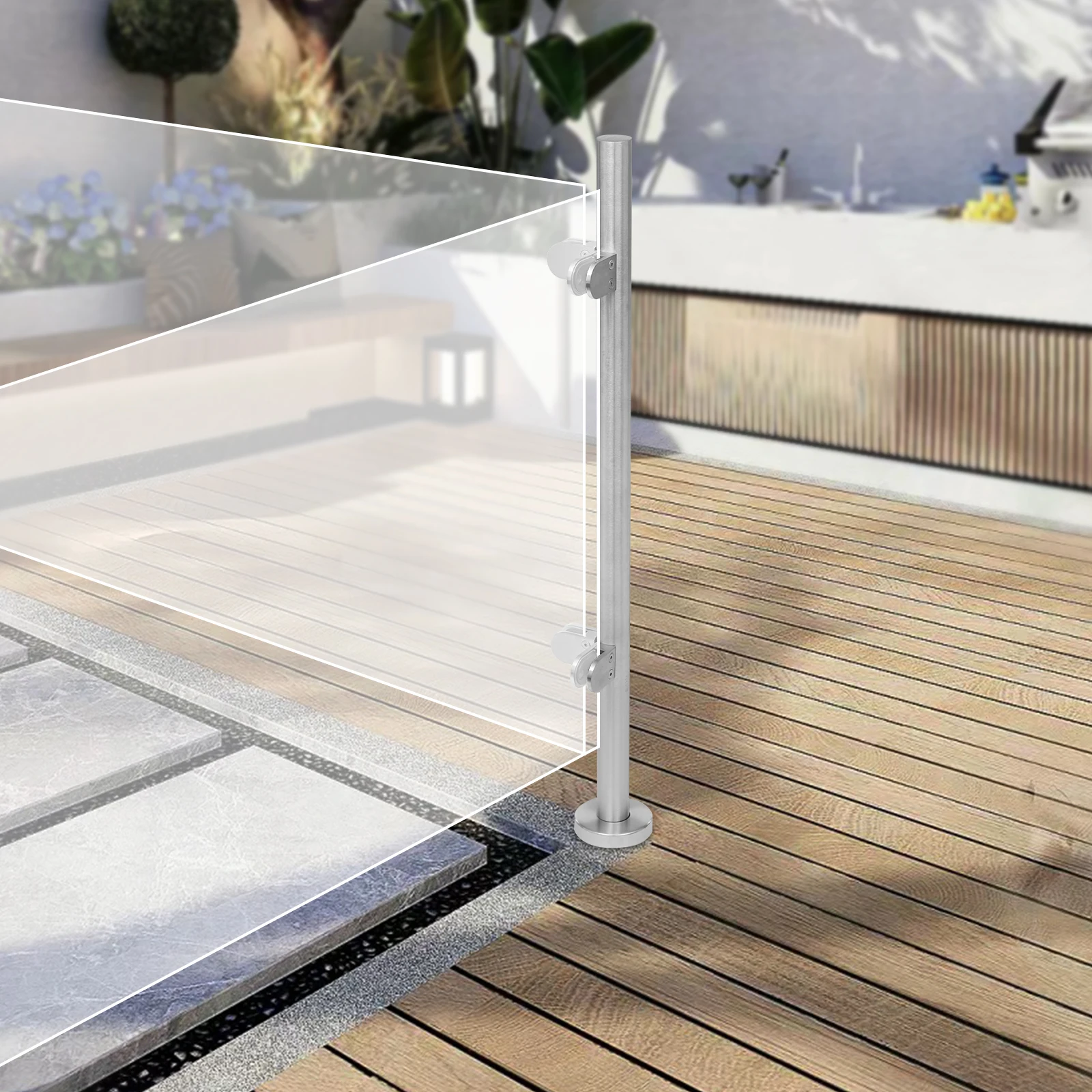 316 Stainless Steel Railing Post, Brushed Silver Finish, Decorative Cover, Silicone Pads for Glass Support, Max Load 80kg,