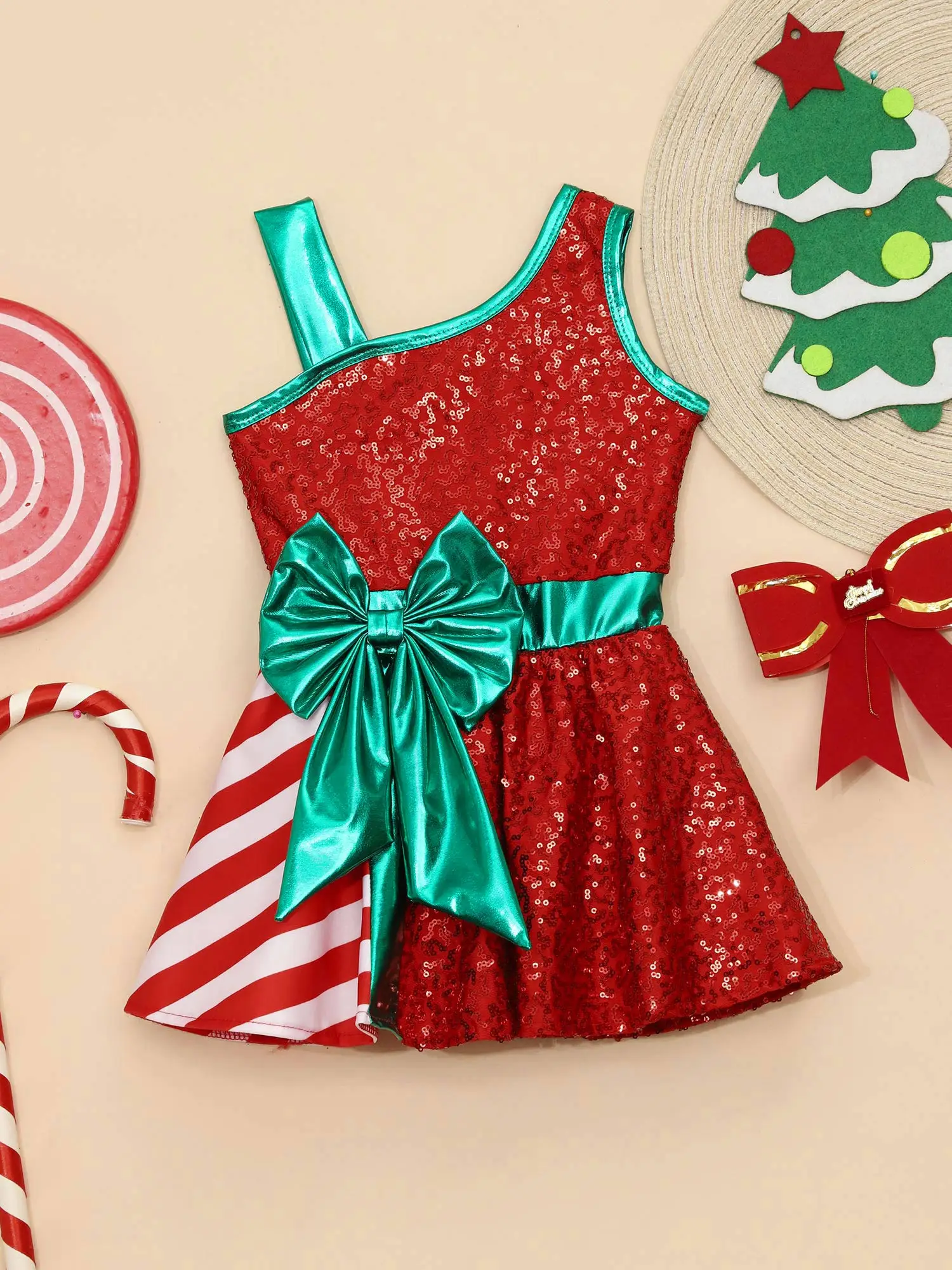Детское рождественское праздничное платье для девочек без рукавов с блестящими пайетками, балетное танцевальное катание на коньках, гимнастическое трико-пачка, Рождественский костюм Санта-Эльфа