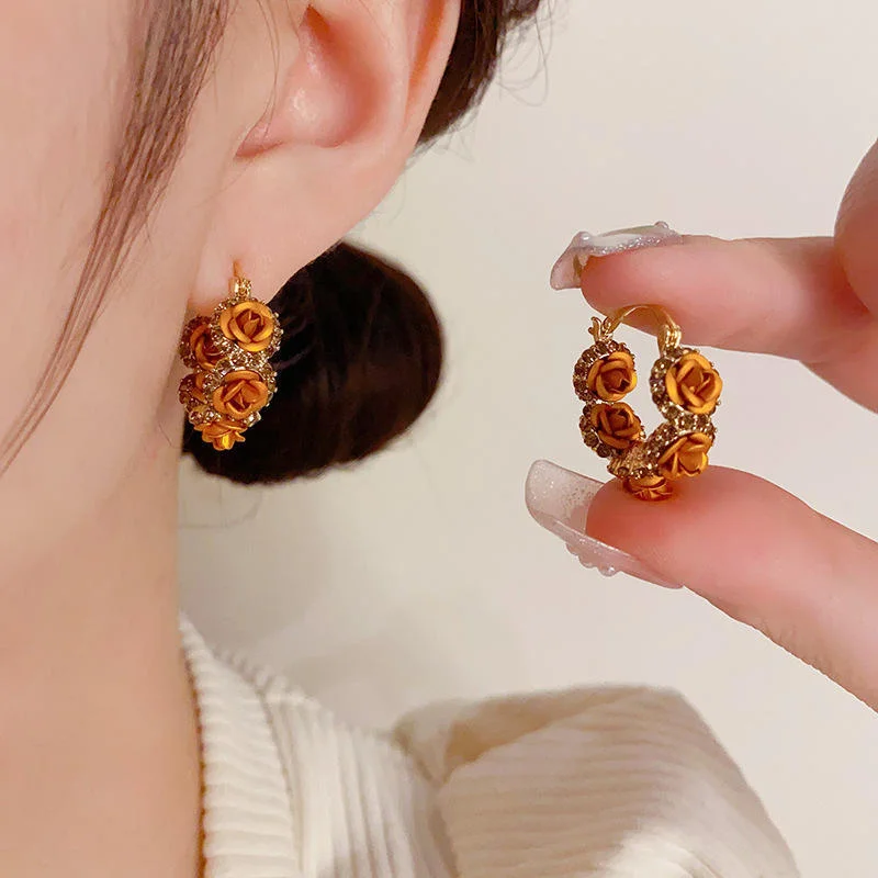 1Pair Exquisite Brown Flower Inlaid Zircon Earrings For Women Daily Accessories Party Jewelry Birthday Anniversary Gifts