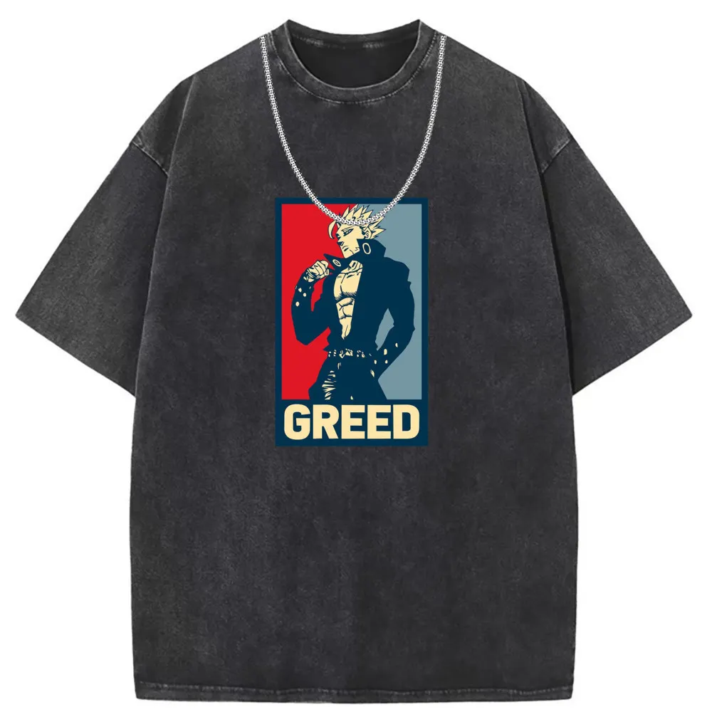 Japanese Manga Greed T-shirts Unisex Vintage Sweatshirts Streetwear Long Sleeve Tee Shirt Men Printed Washed Cotton Tshirts