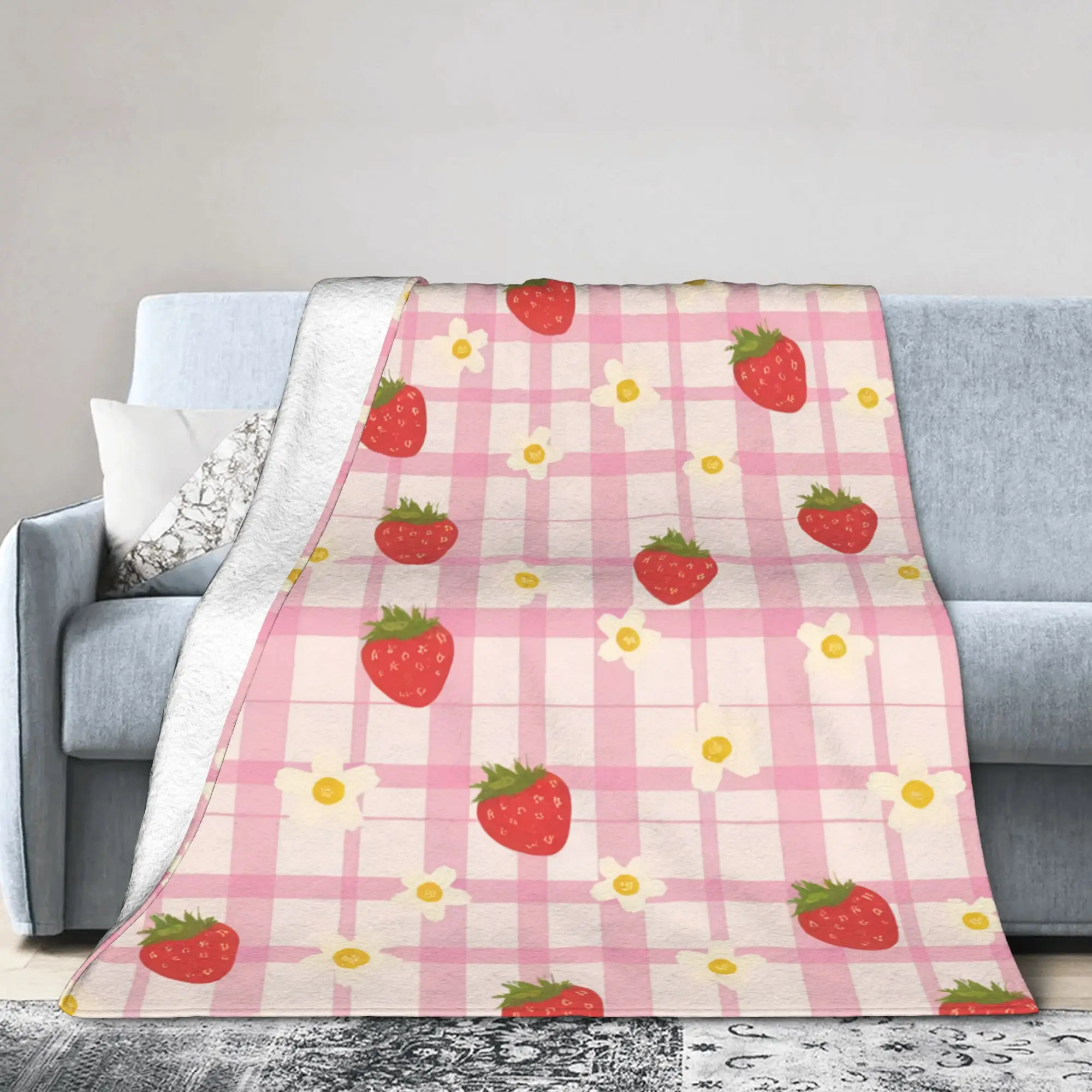 Strawberry Gingham Daisy Cottagecore Strawberry Fields Floral Pink Plaid Fleece Throw Blankets  Blanket for Sofa Car Bedspread
